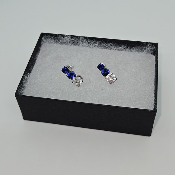 3 Stone Graduated Simulated Sapphire/Clear Drop Earrings - Picture 10 of 11